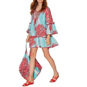 MODA POSA BELL SLEEVE TURQUOISE CORAL PRINT MINI DRESS WITH BOTTOM RUFFLE DETAIL